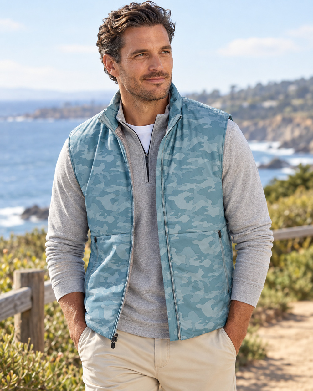 Johnnie-O Rippen Camo Zip Vest Slate Large Gorpcore Coastal Vacation